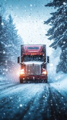 Red truck driving on snowy road during snowfall