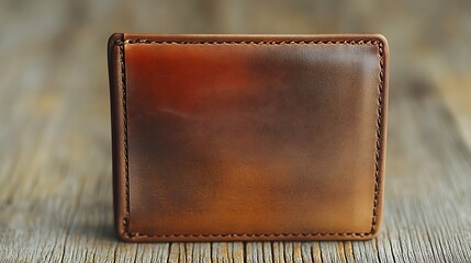 Brown leather wallet on wooden surface.