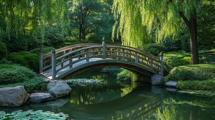 Fototapeta premium A serene wooden bridge over a tranquil pond surrounded by lush greenery and willow trees.