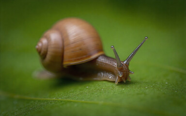 Macro Shot of a Snail on a Leaf