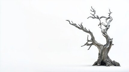Obraz premium Gnarled dead tree standing against bright white background