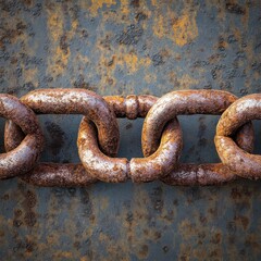 Close-up of a weathered, rusty metal chain against a corroded blue background, symbolizing strength and endurance.