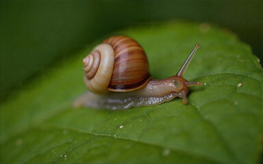 Macro Shot of a Snail on a Leaf