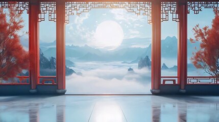Serene mountain vista viewed from a traditional Chinese pavilion.