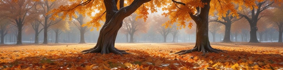Autumn tree covered in falling leaves with snowflakes gently falling on the ground, tree, autumn
