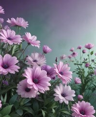 Fototapeta premium Soft blooming flowers in a gradient of green and purple hues against an abstract background with soft pink undertones, foliage, abstract