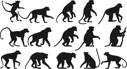 Monkey silhouette vector art set in different styles, using black color illustration design