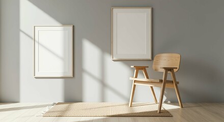 An interior living room with blank rectangular photo frames on the wall 3d illustration mock-up template.