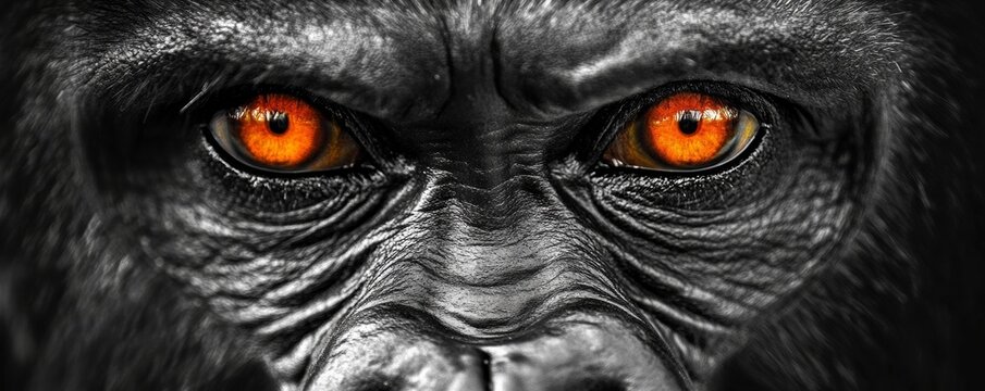 Intense gorilla staring with fiery orange eyes