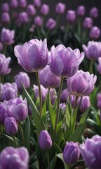 Fototapeta premium Soft light falls on lilac colored double tulips, spring flowers, blooming tulips