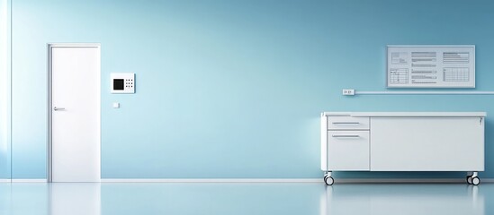 Empty light blue hospital room with white door, cabinet, and medical chart.