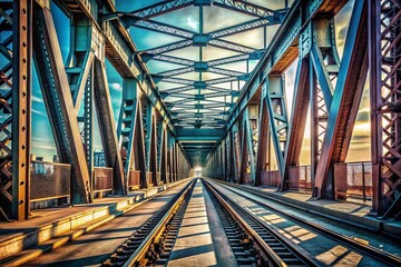 Fototapeta premium Minimalist Industrial Train Bridge Perspective Photography: Steel Structure, Geometric Lines, Railroad, Urban Landscape