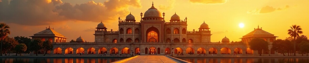 Palace facade bathed in warm golden light of sunset, palace, colors, gold