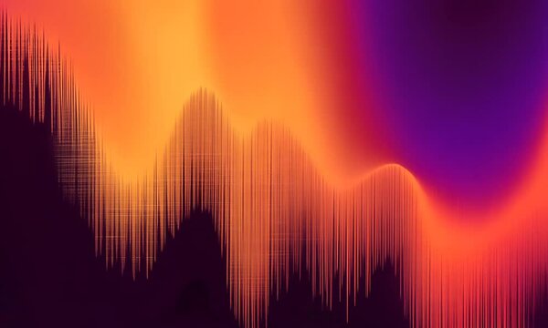 Ondulation graphique abstraite orange et violette &eacute;voquant une onde sonore musicale, visuel num&eacute;rique vibrant avec espace n&eacute;gatif copyspace pour musique, design audio ou interface technologique
