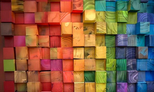 Cubes en bois color&eacute;s formant un d&eacute;grad&eacute; arc-en-ciel, textures naturelles visibles, composition graphique et vibrante symbolisant la diversit&eacute;, la cr&eacute;ativit&eacute; ou les valeurs LGBTQ+, espace n&eacute;gatif copy
