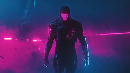Fototapeta premium Futuristic soldier in neon-lit cyberpunk landscape.