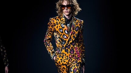 Fototapeta premium Male model runway, leopard print suit, sunglasses, fashion show.