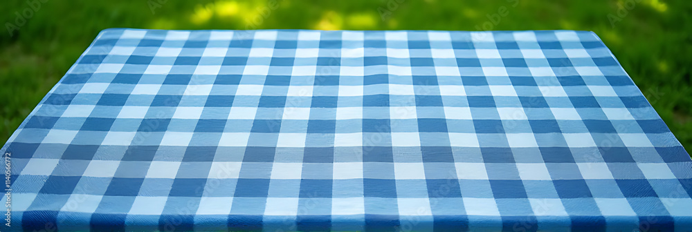 Aufkleber A blue checkered tablecloth is displayed in a top view, overlaid with an abstract pattern from a green garden background._00003_