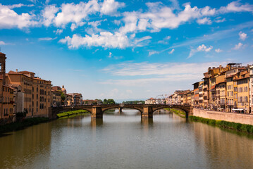 Panoramic view of river and bridge in Florence city, Italy