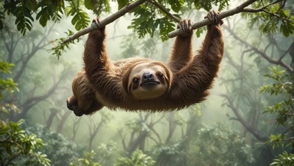 Fototapeta premium Brown-throated three-toed sloth suspended upside down from a thin branch in the canopy, suspension, foliage, wildlife