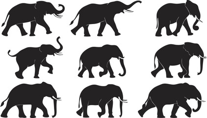Elephant silhouette vector art set in different styles, using black color illustration design