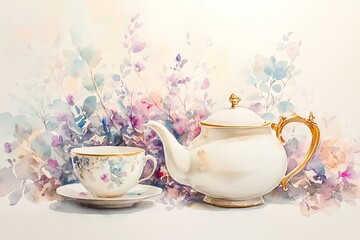 Fototapeta premium Design illustration Set of tea cup, coffee pot and flowers. Watercolor paints