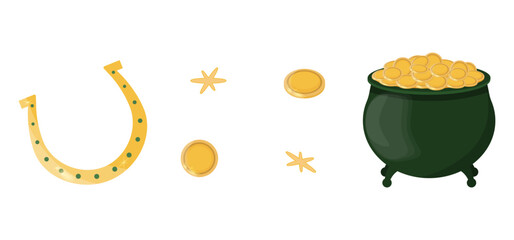 Set of st. patrick's day isolated on transparent and white background. Green pot of gold. Golden horseshoe for luck. Yellow coins and sun glare. Vector illustration. Close-up elements for the holiday.