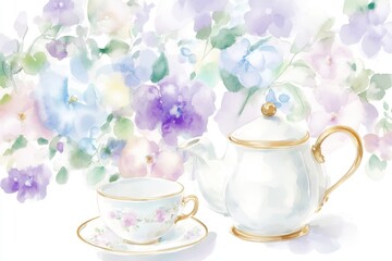 Design illustration Set of tea cup, coffee pot and flowers. Watercolor paints