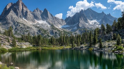 Fototapeta premium A serene mountain landscape with a reflective lake and towering peaks under a clear sky.