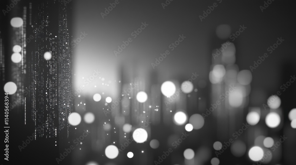 Sticker abstract grayscale city skyline at night with bokeh lights and data streams.