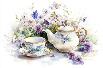 Fototapeta premium Design illustration Set of tea cup, coffee pot and flowers. Watercolor paints
