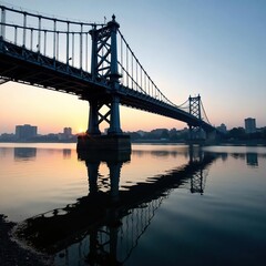 Fototapeta premium Reflections of iron bridge on the river surface, river, perspective