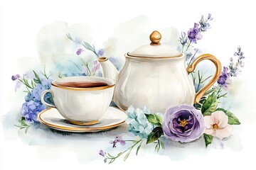 Design illustration Set of tea cup, coffee pot and flowers. Watercolor paints