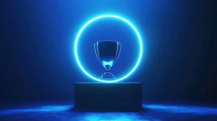 Futuristic trophy on dark pedestal, illuminated by neon circle.