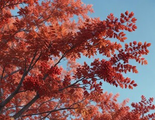 Rowan bush in autumn with red berries and changing leaves against a pale blue background, season changes, colors of nature