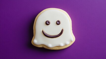 Fototapeta premium Smiling ghost cookie lying on purple background for halloween party