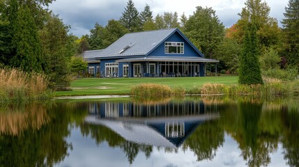 Obraz premium A serene blue house reflected in a tranquil pond surrounded by lush greenery.