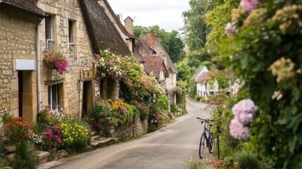 Charming Cottage Lane with Colorful Flowers and a Bicycle