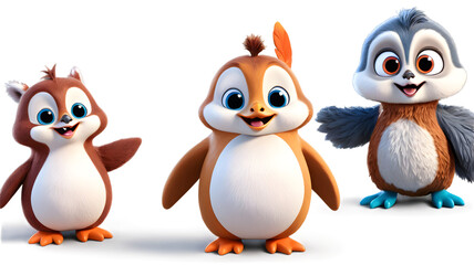 Three adorable cartoon animals a squirrel, penguin, and bird, standing together.