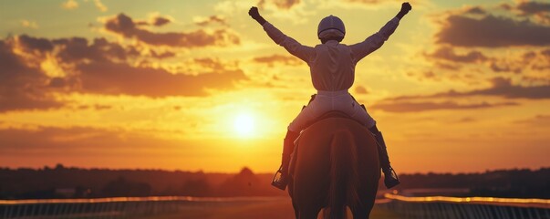 Jockey raising arms in victory at sunset on race track