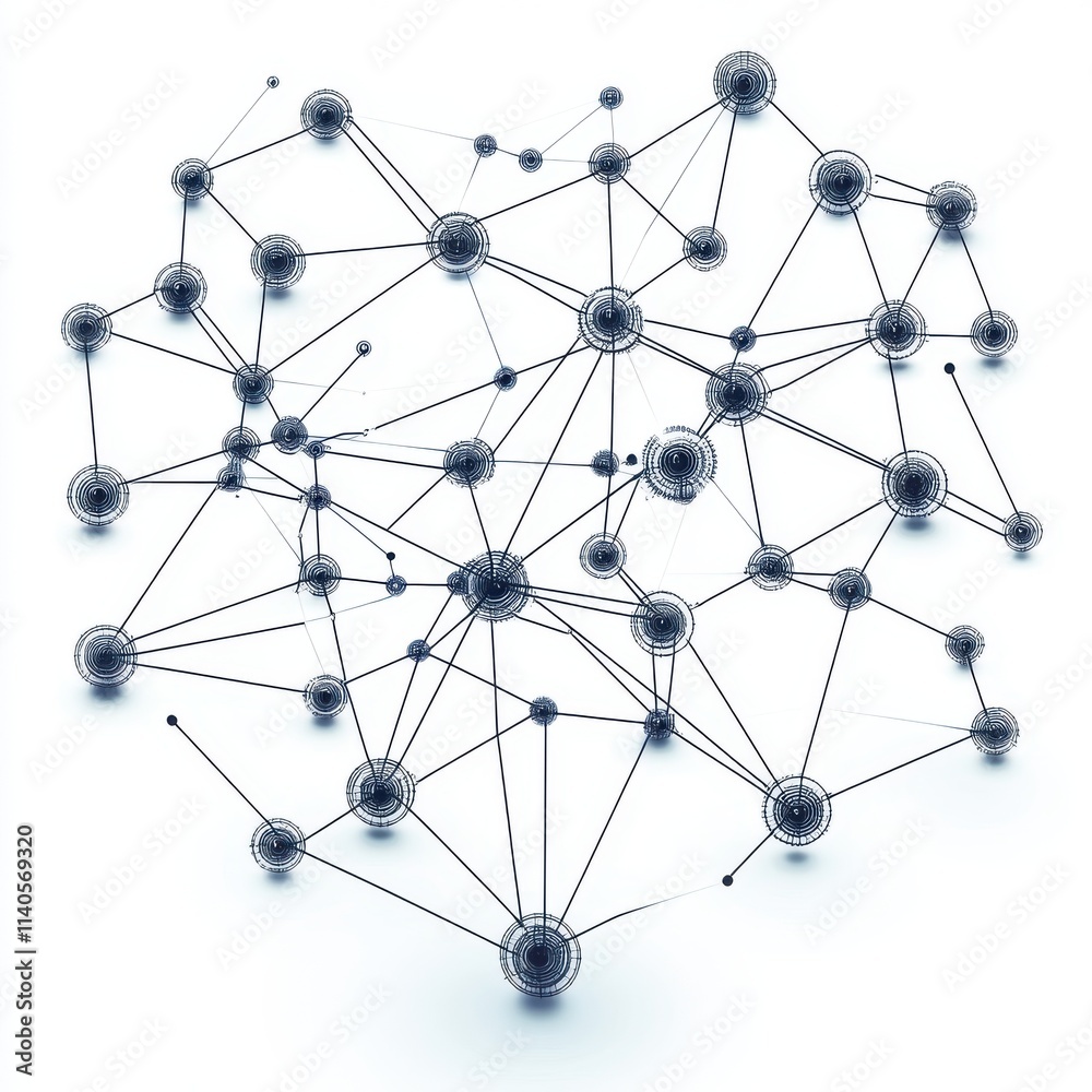 Poster abstract network visualization depicting interconnected nodes and links, creating a web-like structu