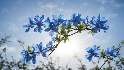 Delicate Bua Tong flower with vibrant blue petals and a bright blue sky behind it at daytime, floral, botanical