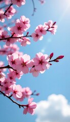 Delicate pink blossom tree branches stretching towards sky, bloom, flowers, spring