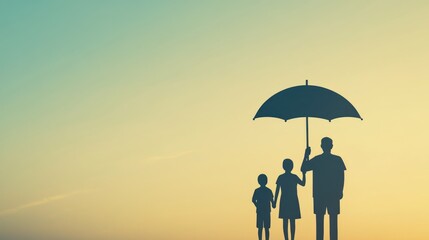 Silhouette of family protected by umbrella at sunset.