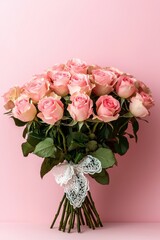 Fototapeta premium A beautiful bouquet of pink roses tied with a delicate ribbon against a soft pink background, perfect for any romantic occasion.
