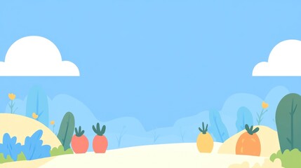 Simple cartoon landscape with plants and clear sky.