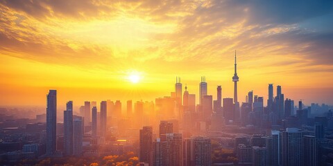 A breathtaking city skyline at sunrise, capturing the vibrant colors of dawn with urban silhouettes.