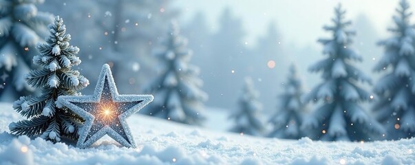 Snow-covered pines in a frosty winter landscape with a large silver asterisk, winter decor, festive elements, silver ornaments