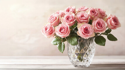 Obraz premium A beautiful bouquet of pink roses arranged in a crystal vase, showcasing elegance and charm against a soft, neutral background.