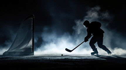 Silhouette of a hockey player against a dark background, mist fog, extreme sport